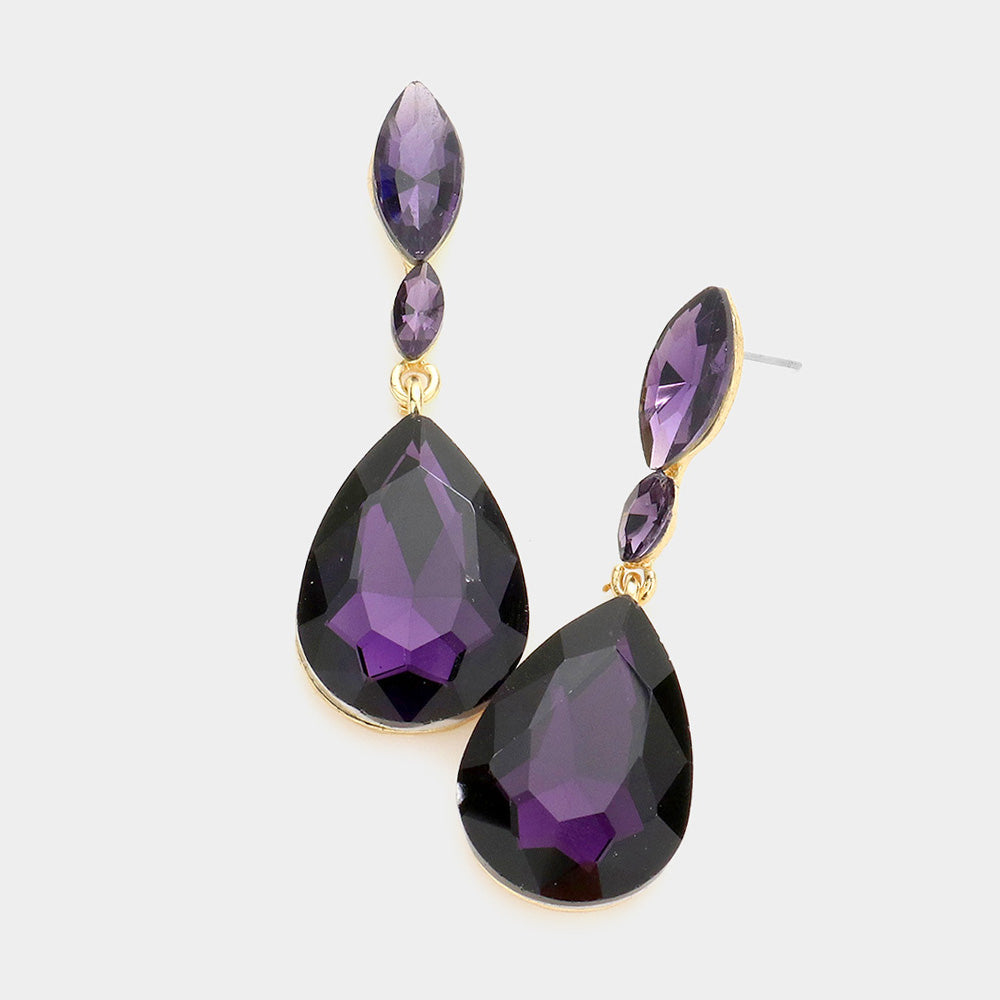 Small Double Purple Crystal Teardrop Earrings on a white background