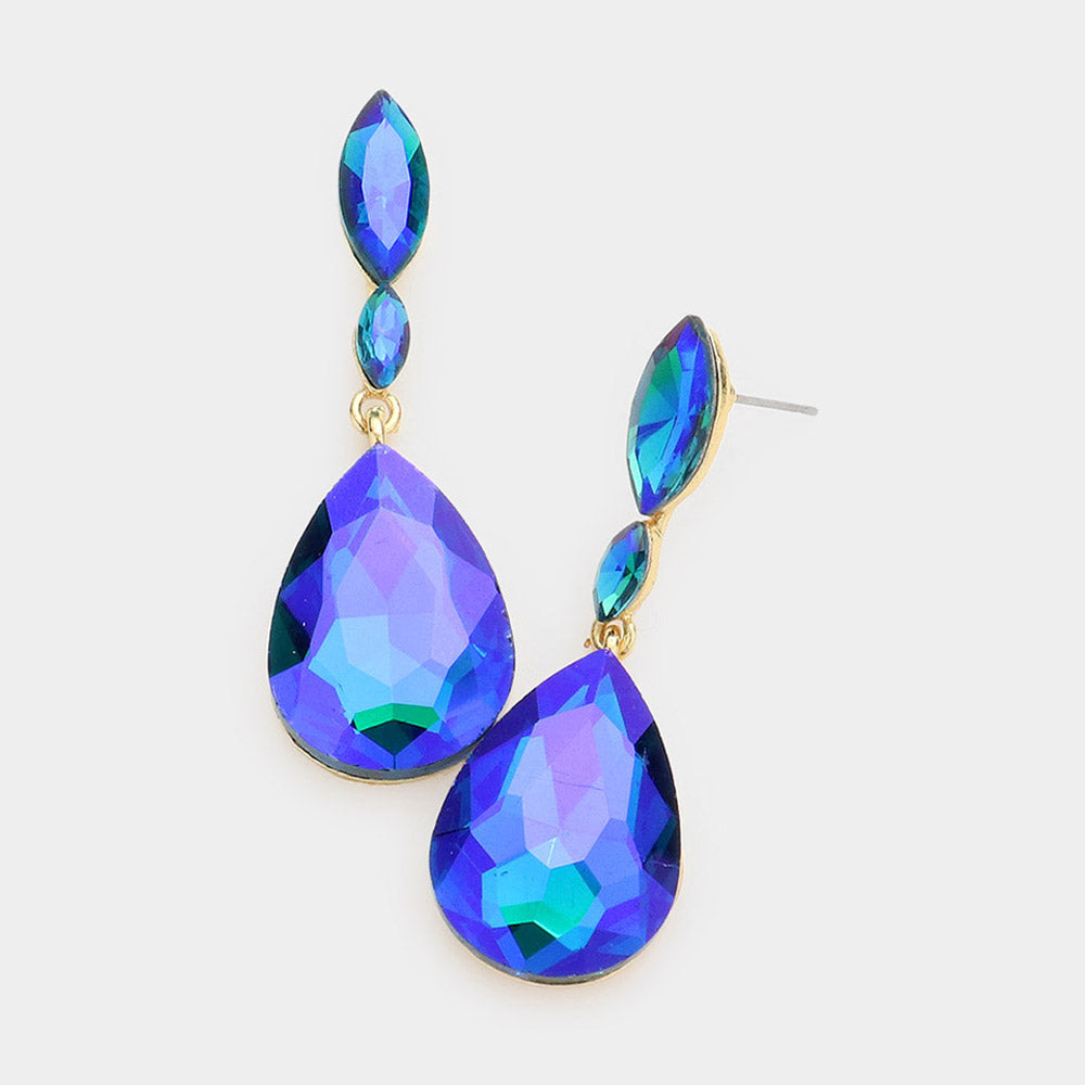 Small Double Blue AB Crystal Teardrop Earrings 