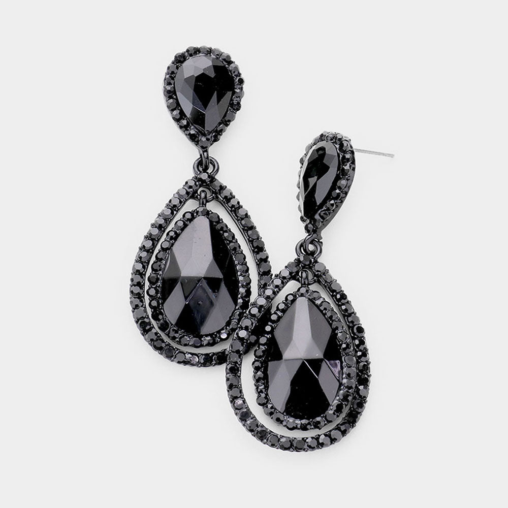 Black Double Surrounded Teardrop Earring 