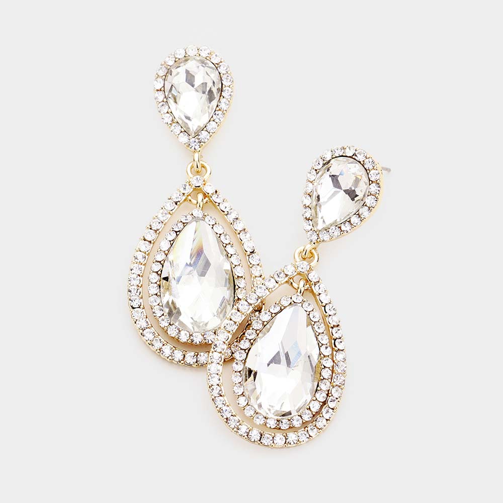 Clear Double Surrounded Teardrop Earring on Gold