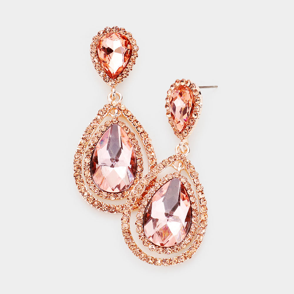 Peach Double Surrounded Teardrop Earring on Rose Gold