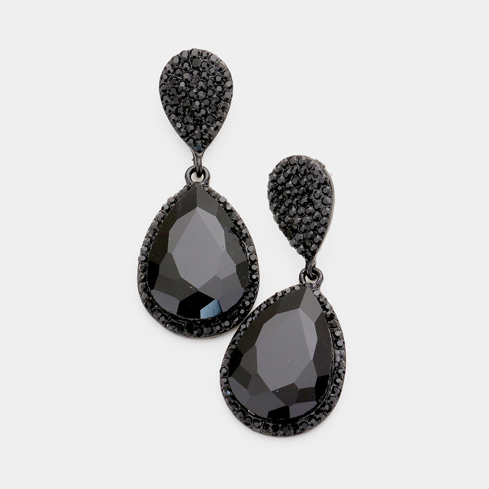 Jet Black Teardrop and Cluster Rhinestone Pageant Drop Earrings