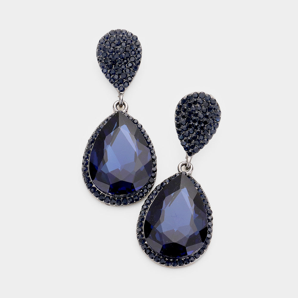 Navy Teardrop and Cluster Rhinestone Pageant Drop Earrings