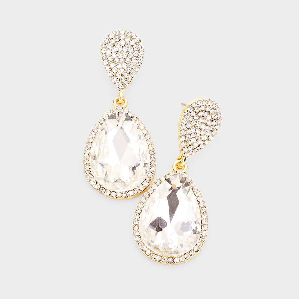 Clear Teardrop and Cluster Rhinestone Pageant Drop Earrings on Gold