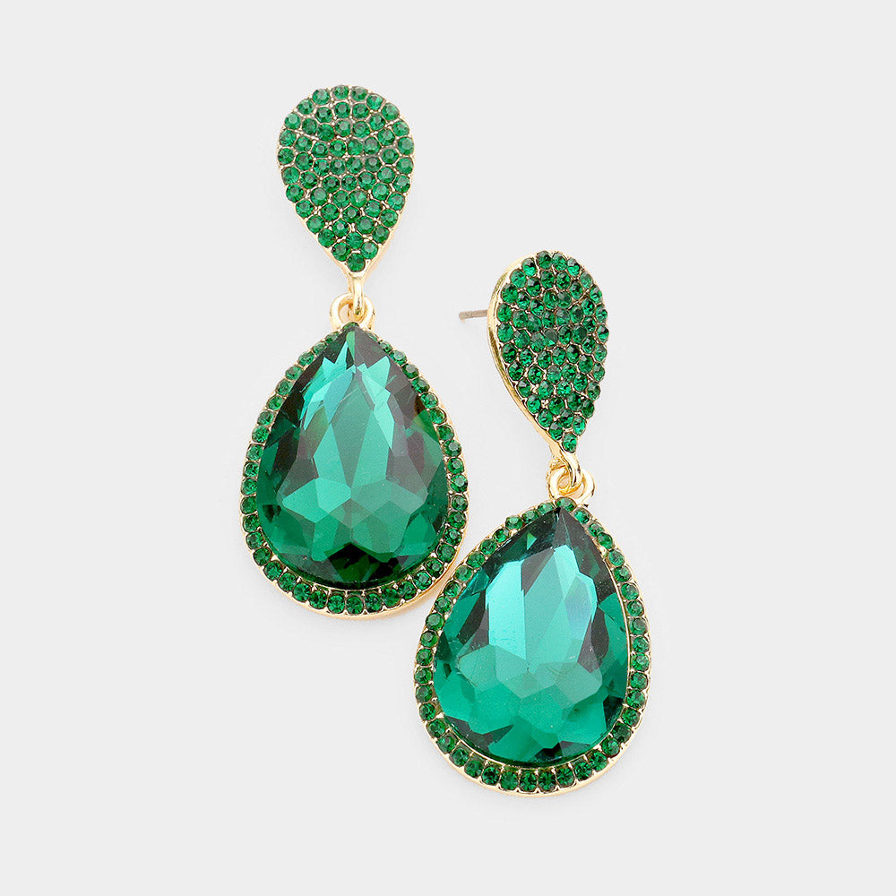 Emerald Teardrop and Cluster Rhinestone Pageant Drop Earrings on Gold