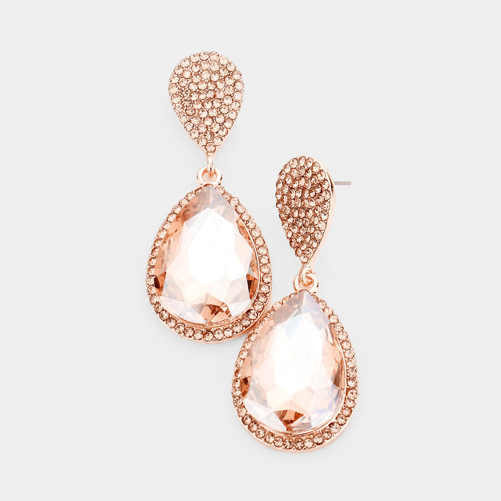 Peach Teardrop and Cluster Rhinestone Pageant Drop Earrings on Rose Gold