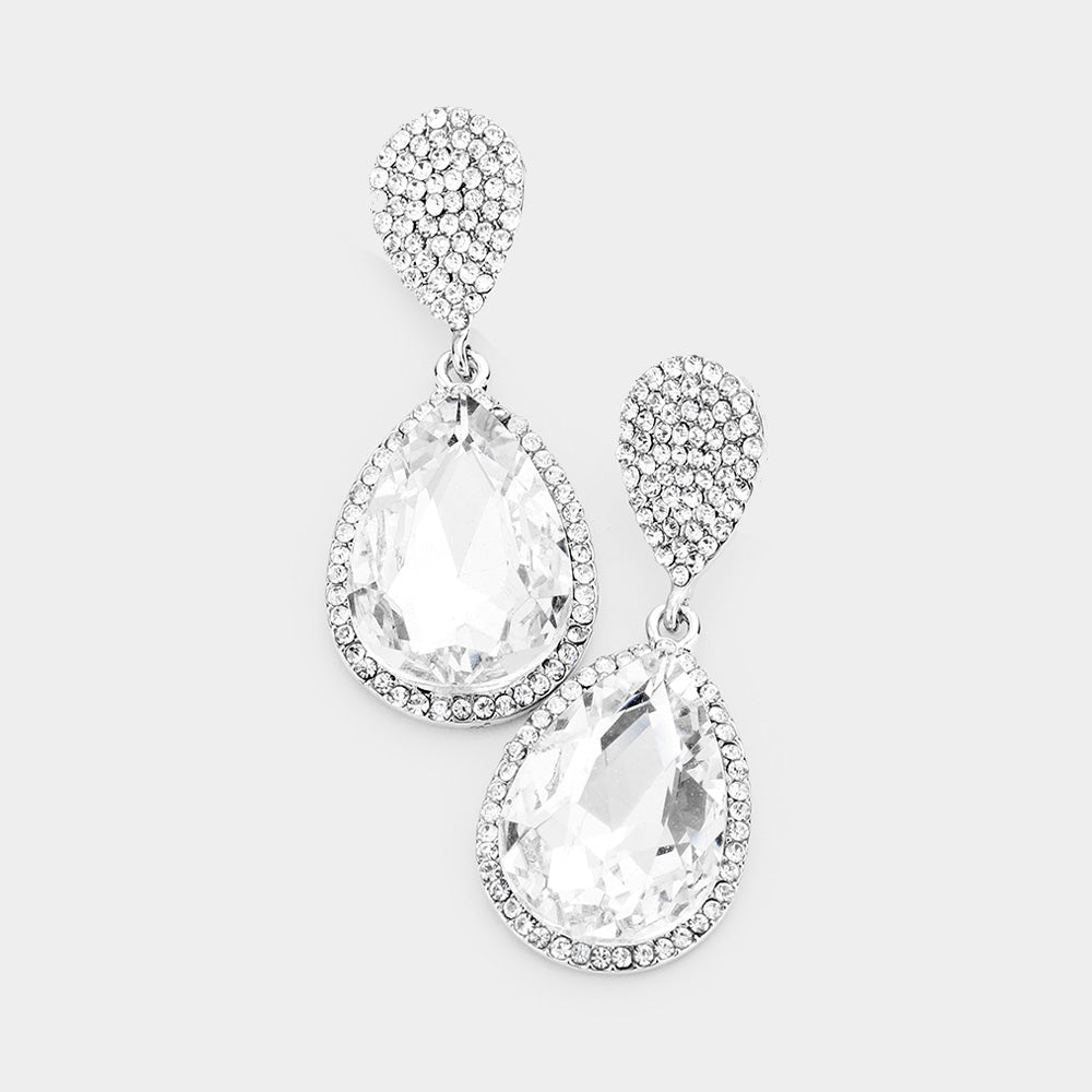 Clear Teardrop and Cluster Rhinestone Pageant Drop Earrings