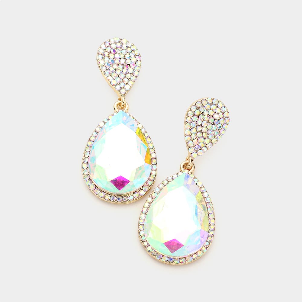 AB Teardrop and Cluster Rhinestone Pageant Drop Earrings on Gold