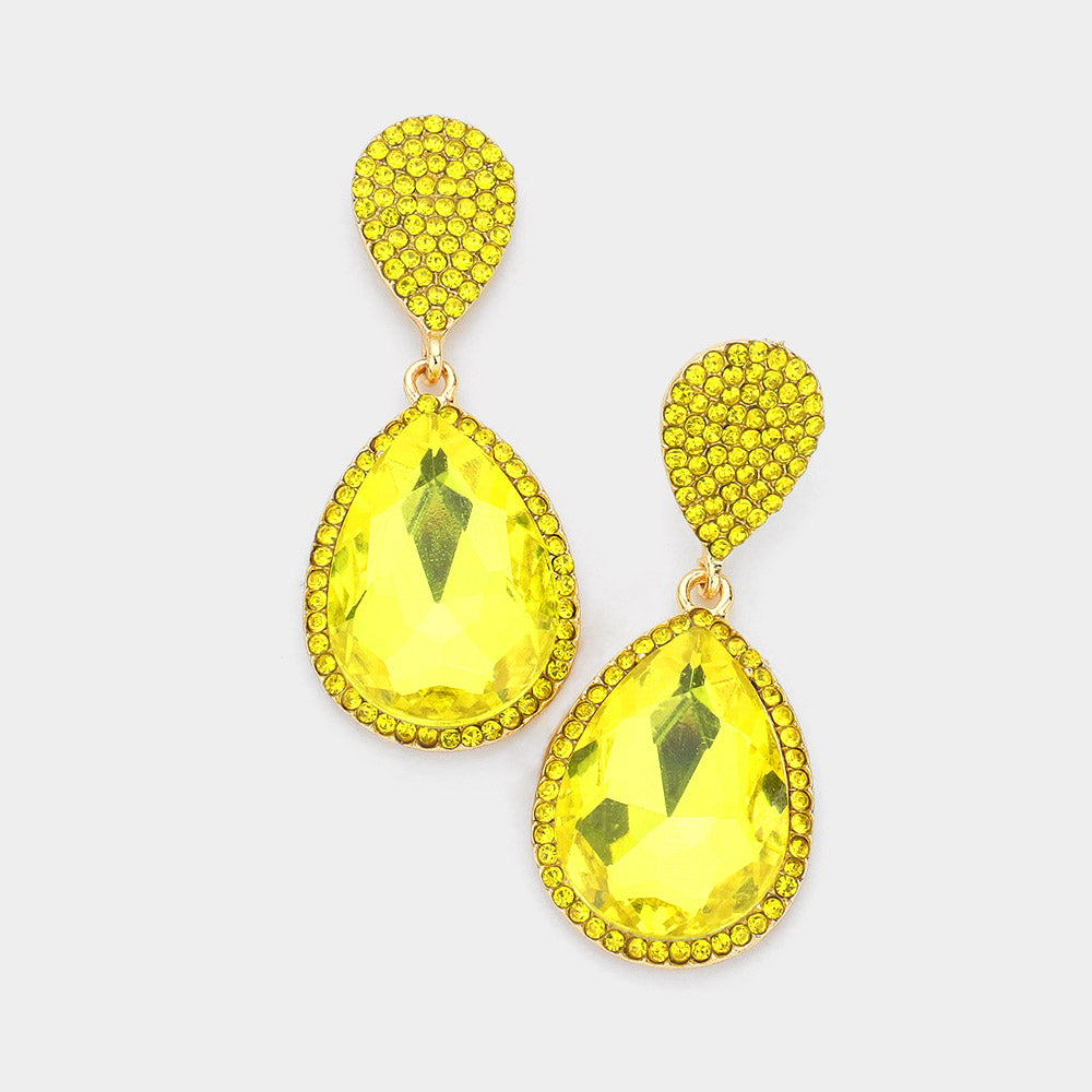 Yellow Teardrop and Cluster Rhinestone Pageant Drop Earrings