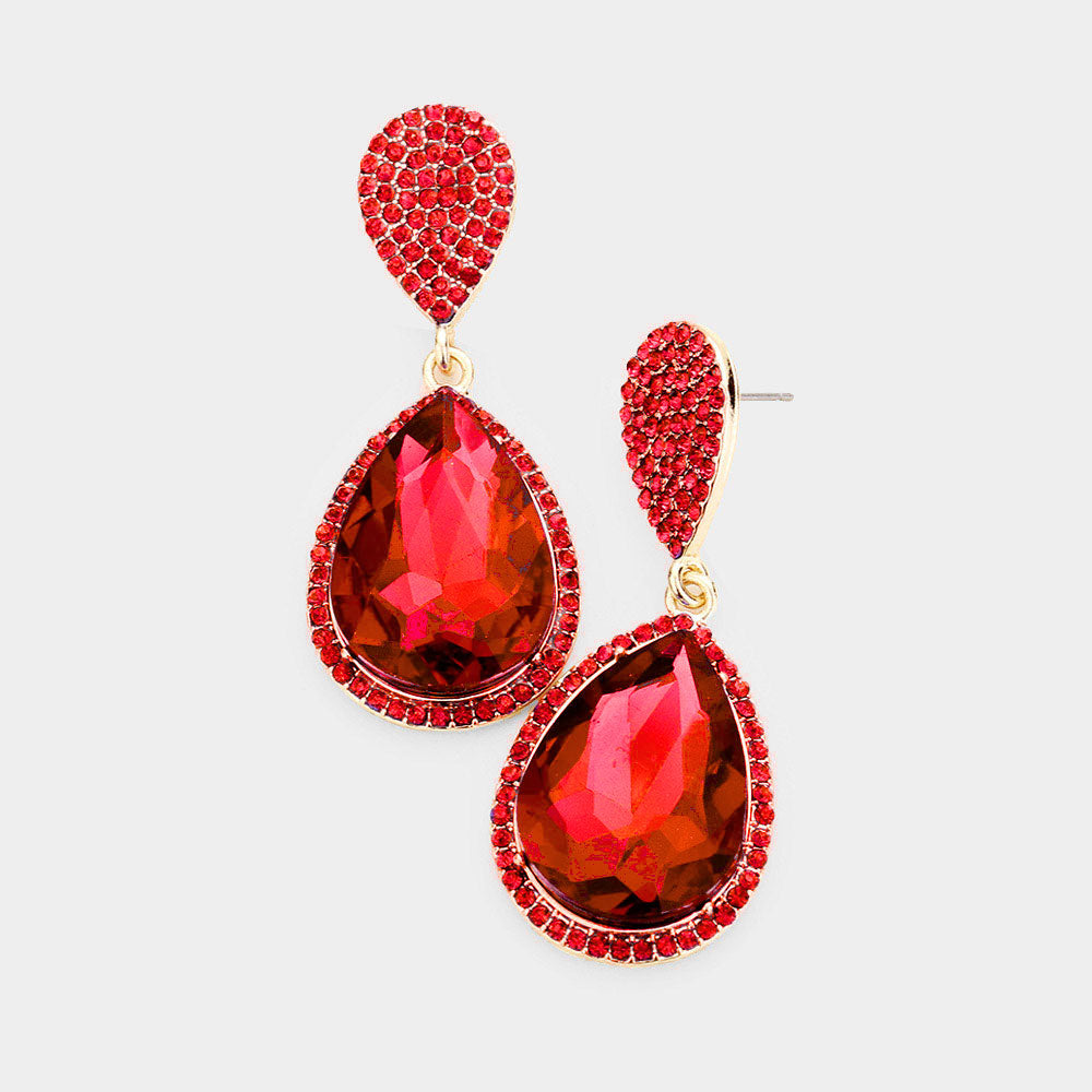 Red Teardrop and Cluster Rhinestone Pageant Drop Earrings on Gold