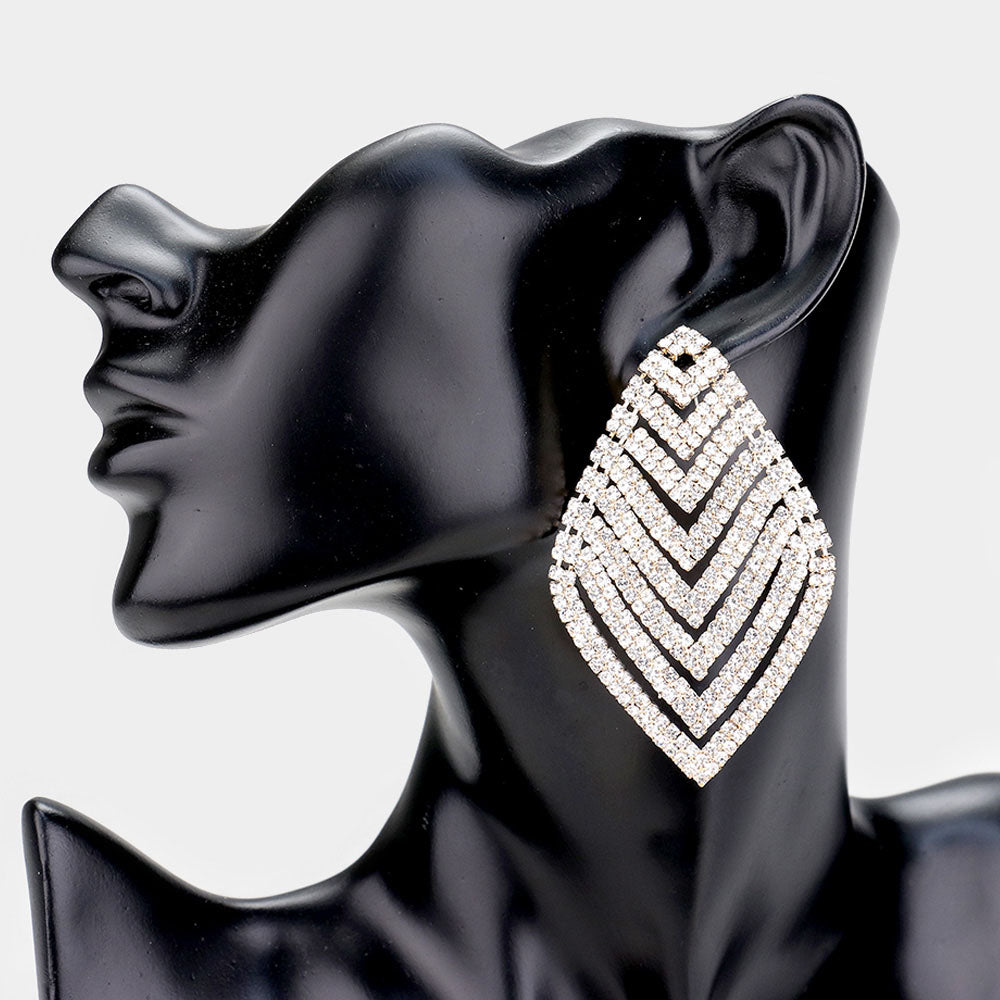 Clear Wide V Shape Rhinestone Earrings on Gold | 442123