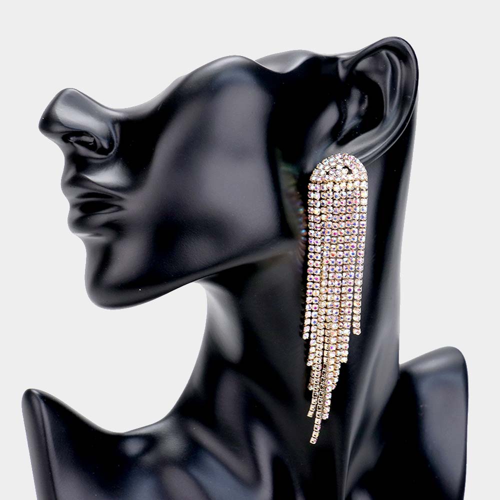 AB Rhinestone Fringe Pageant Earrings on Gold