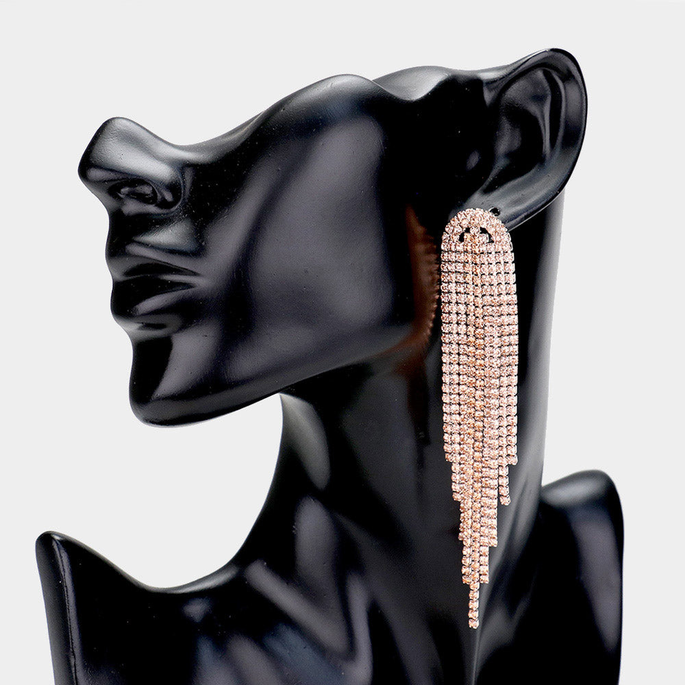 Peach Rhinestone Fringe Pageant Earrings on Rose Gold