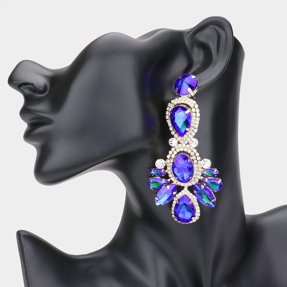Blue Crystal Rhinestone Pave Drop Evening Earrings 