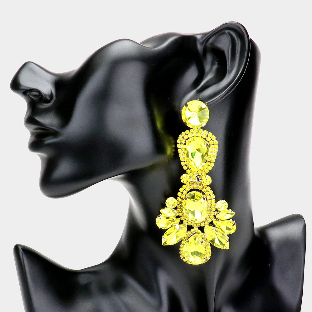 Yellow Crystal Rhinestone Pave Drop Evening Earrings 