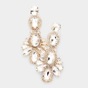 Large Clear Crystal Rhinestone Statement Pageant Earrings on Gold | 442141