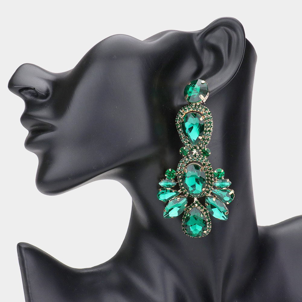 Large Emerald Crystal Rhinestone Pave Drop Evening Earrings 