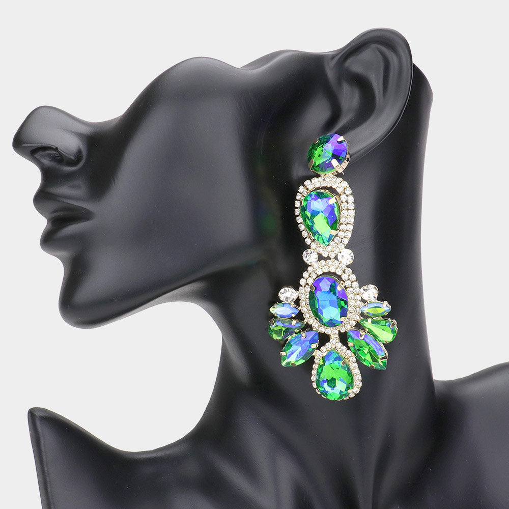Large Green AB Crystal Rhinestone Pave Drop Evening Earrings 