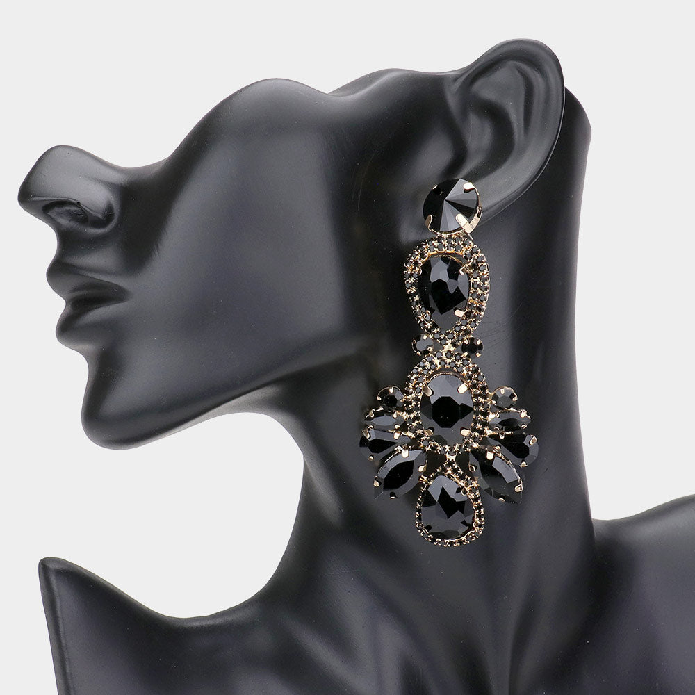Large Jet Black Crystal Rhinestone Pave Drop Evening Earrings 