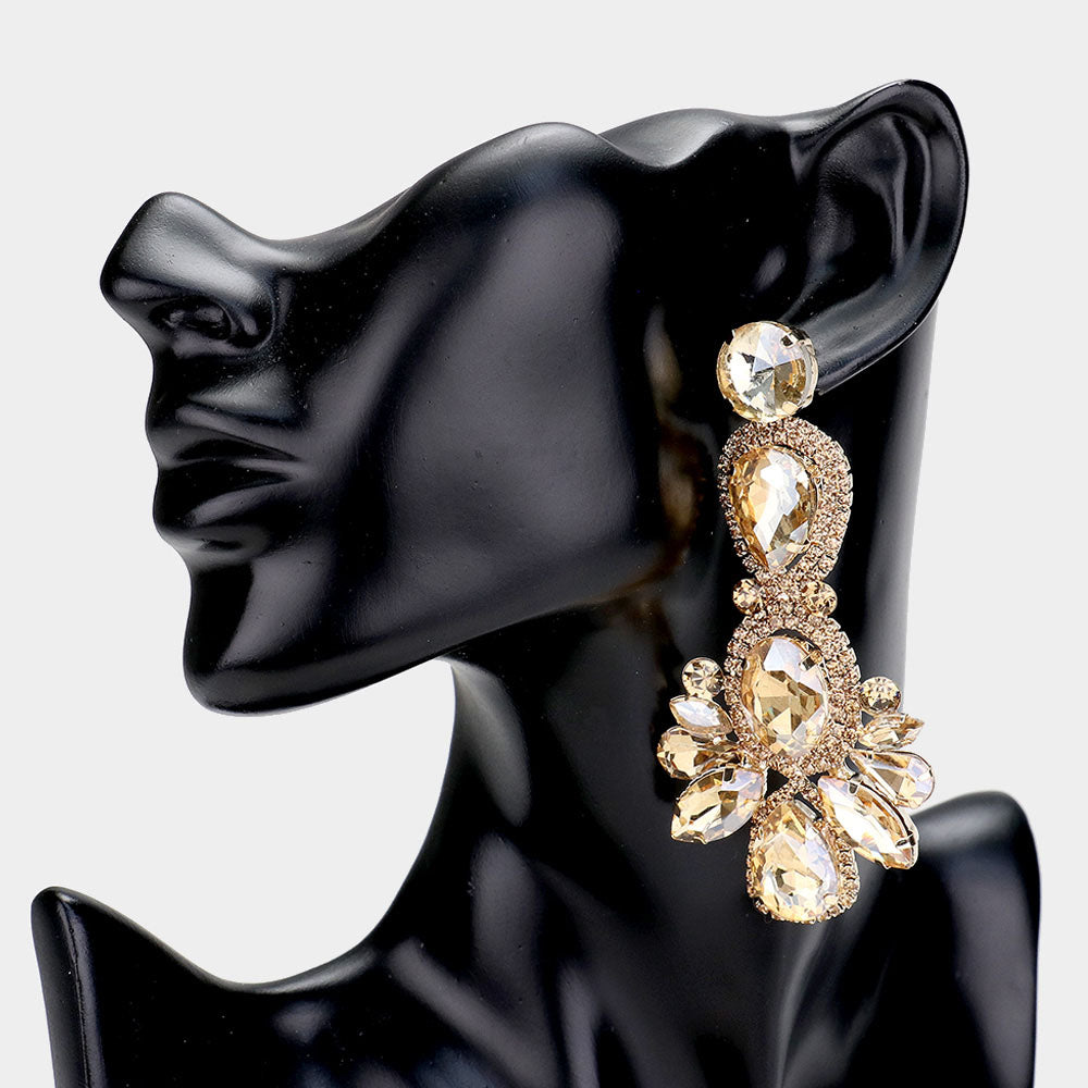 Gold Crystal Rhinestone Pave Drop Evening Earrings
