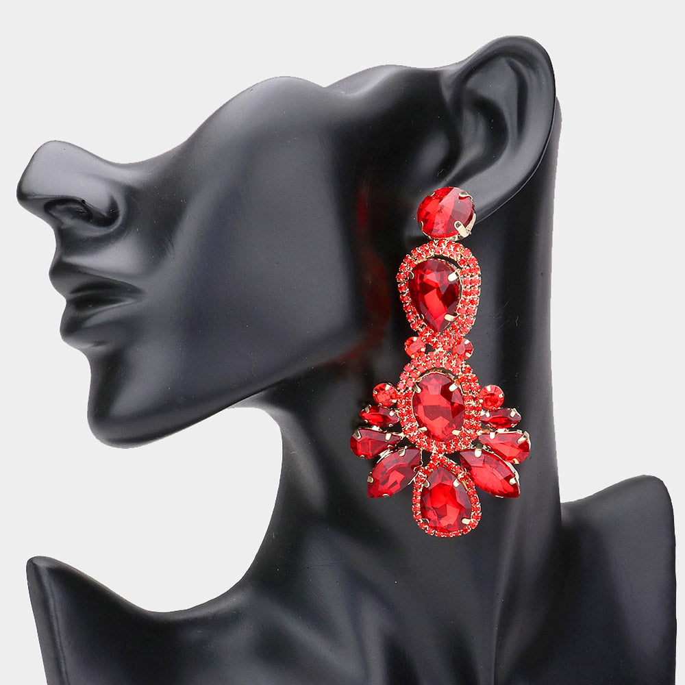 Large Red Crystal Rhinestone Statement Pageant Earrings