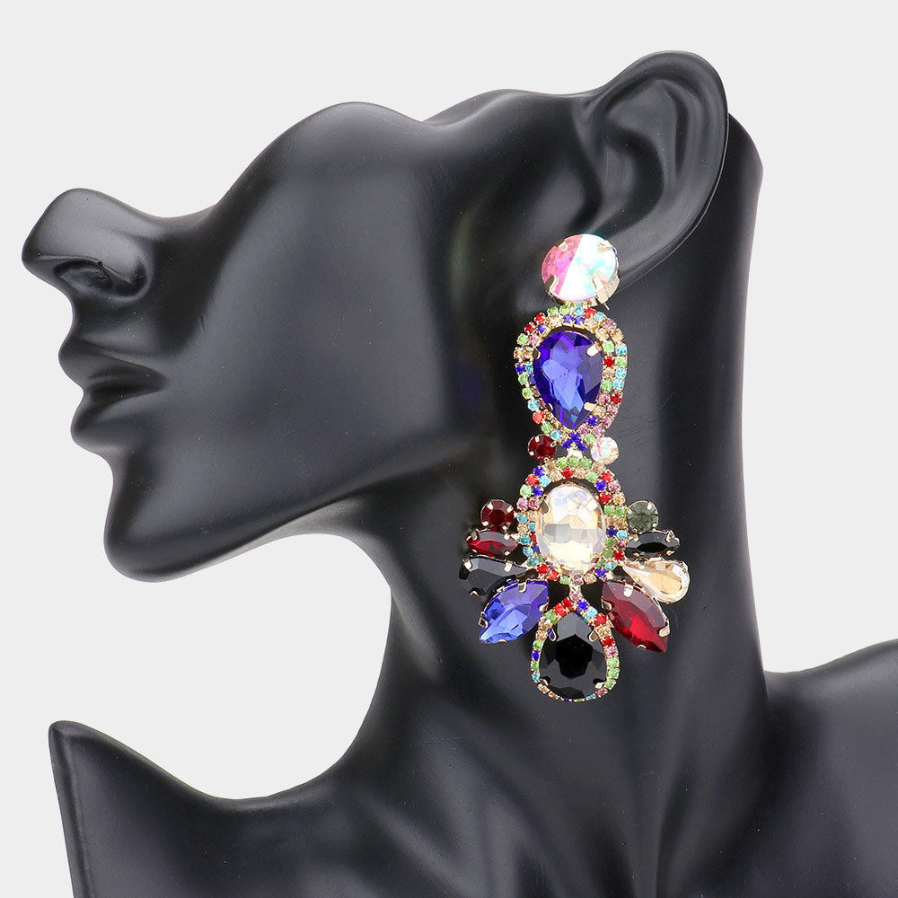 Large Multi-Color Crystal Rhinestone Pave Drop Evening Earrings 