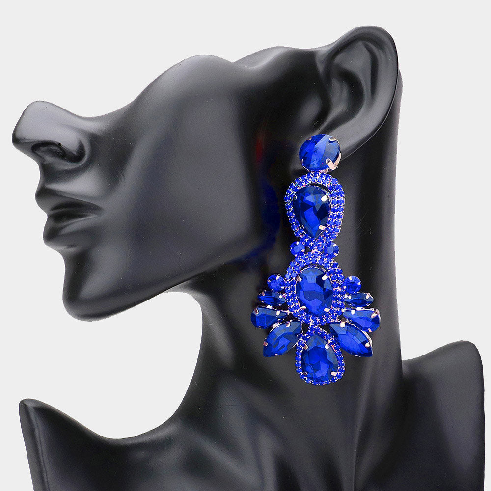 Large Sapphire Crystal Rhinestone Pave Drop Evening Earrings 