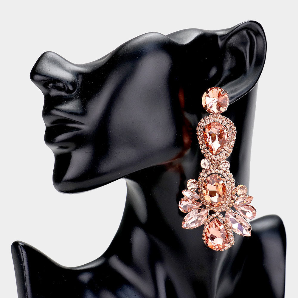 Peach Crystal Rhinestone Pave Drop Evening Earrings