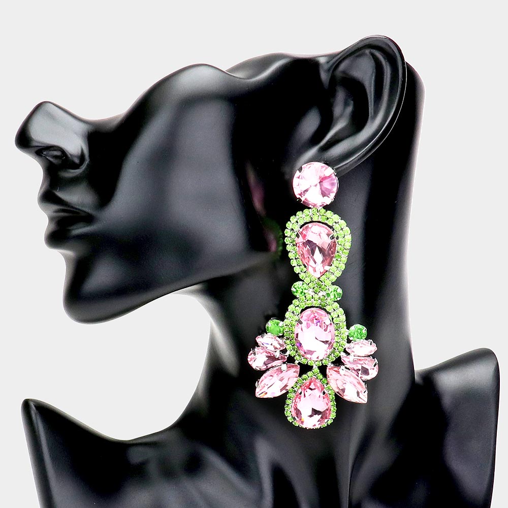 Pink/Green Crystal Rhinestone Pave Drop Evening Earrings 