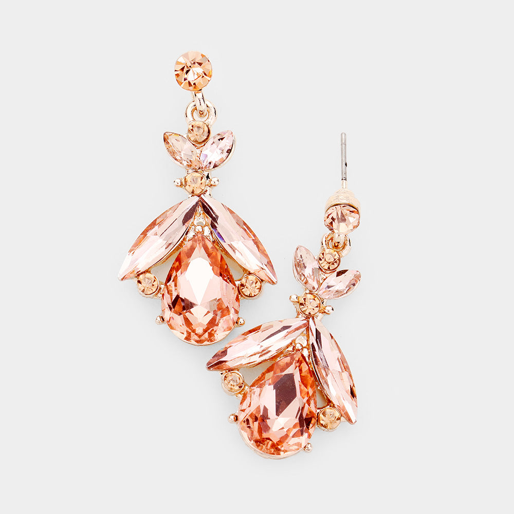 Small Peach Crystal Abstract Dangle Earrings on Rose Gold