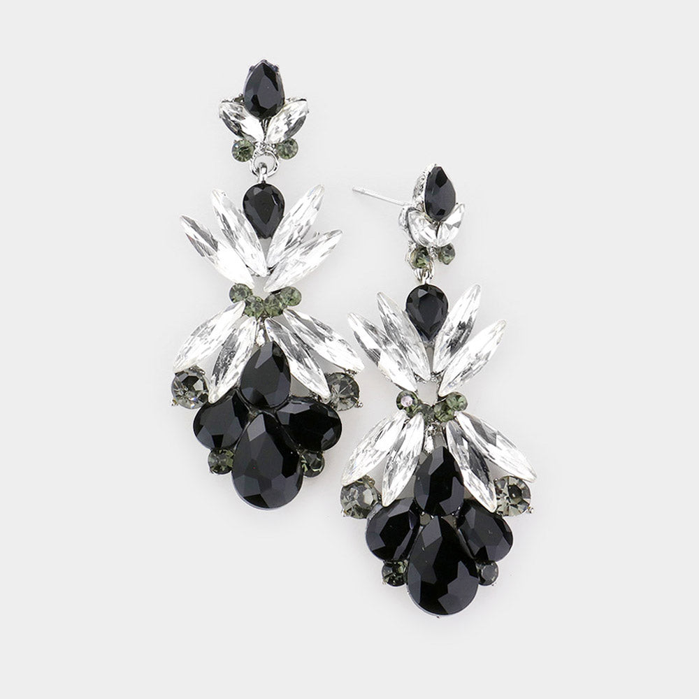 Jet Black Crystal Floral Dangle Earrings