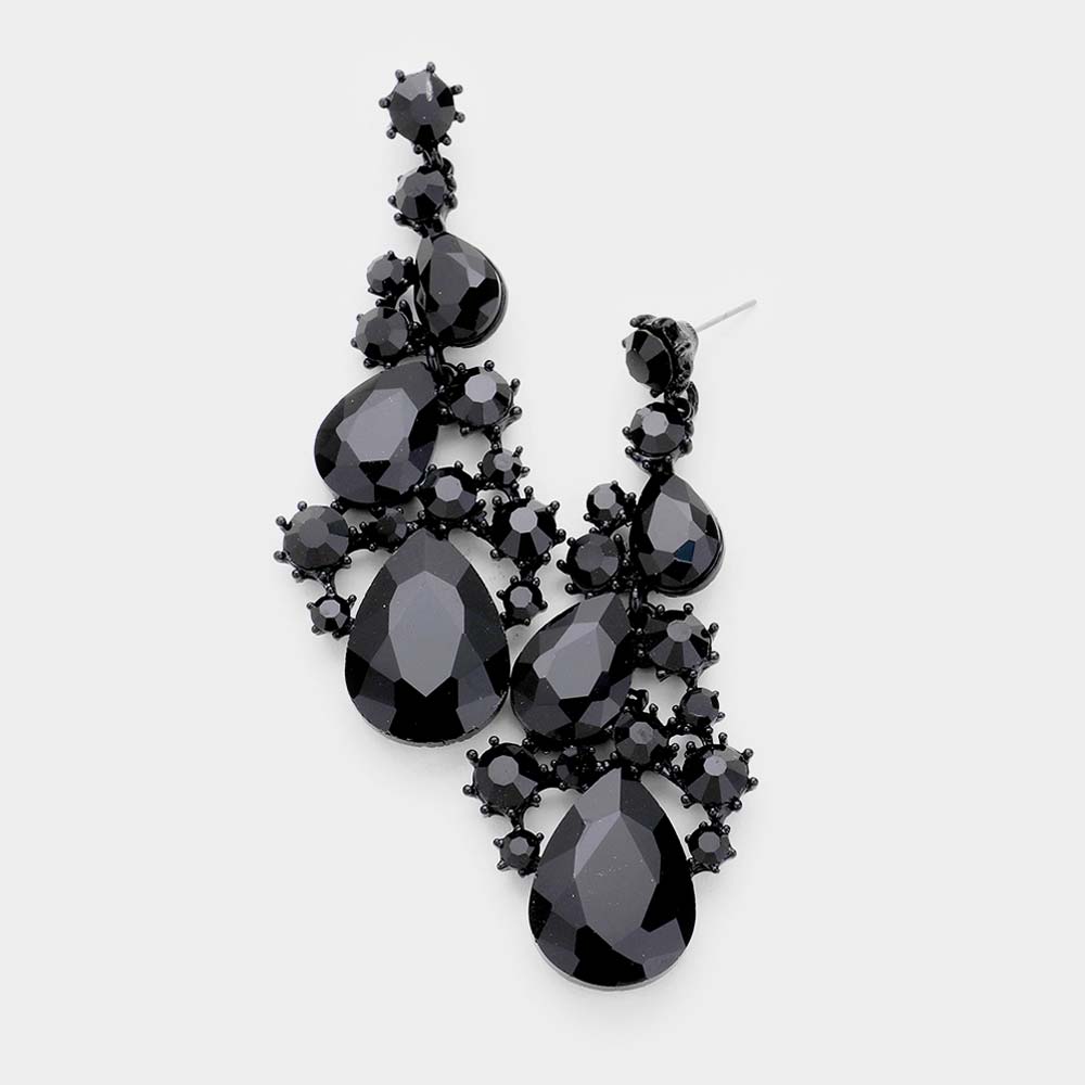 Jet Black Crystal Pear Shaped Vine Pageant Earrings | Prom Jewelry | 478446