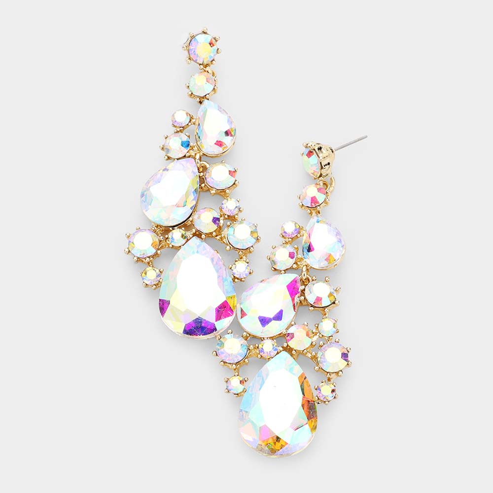 AB Crystal Pear Shaped Vine Pageant Earrings on Gold  | Prom Jewelry | 478474