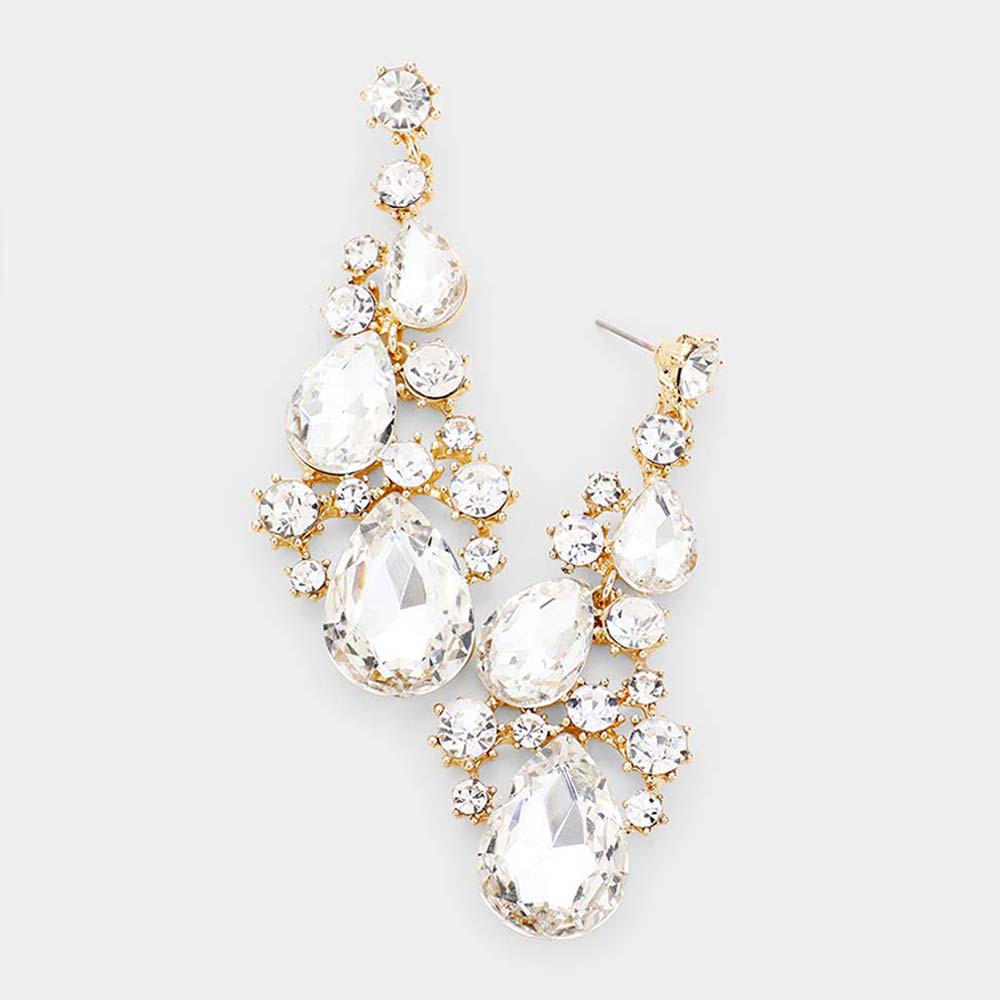 Clear Crystal Pear Shaped Vine Pageant Earrings on Gold | Prom Jewelry