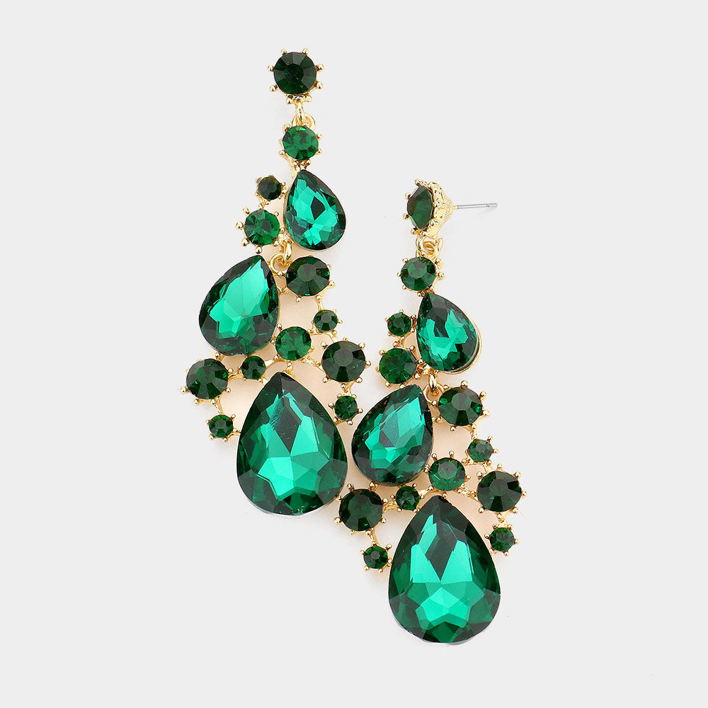 Emerald Pear Shaped Vine Pageant Earrings on Gold | Prom Jewelry