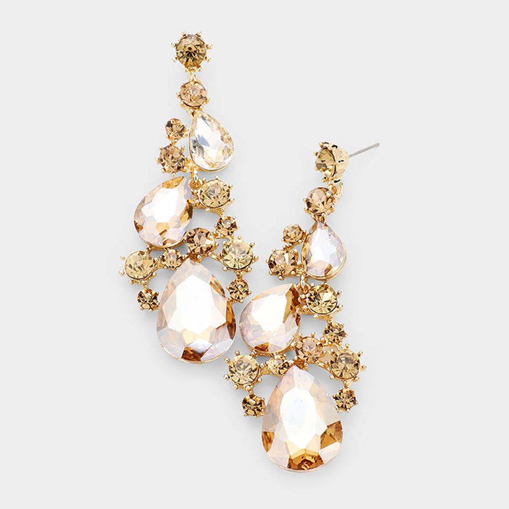 Gold Crystal Pear Shaped Vine Pageant Earrings on Gold | Prom Jewelry