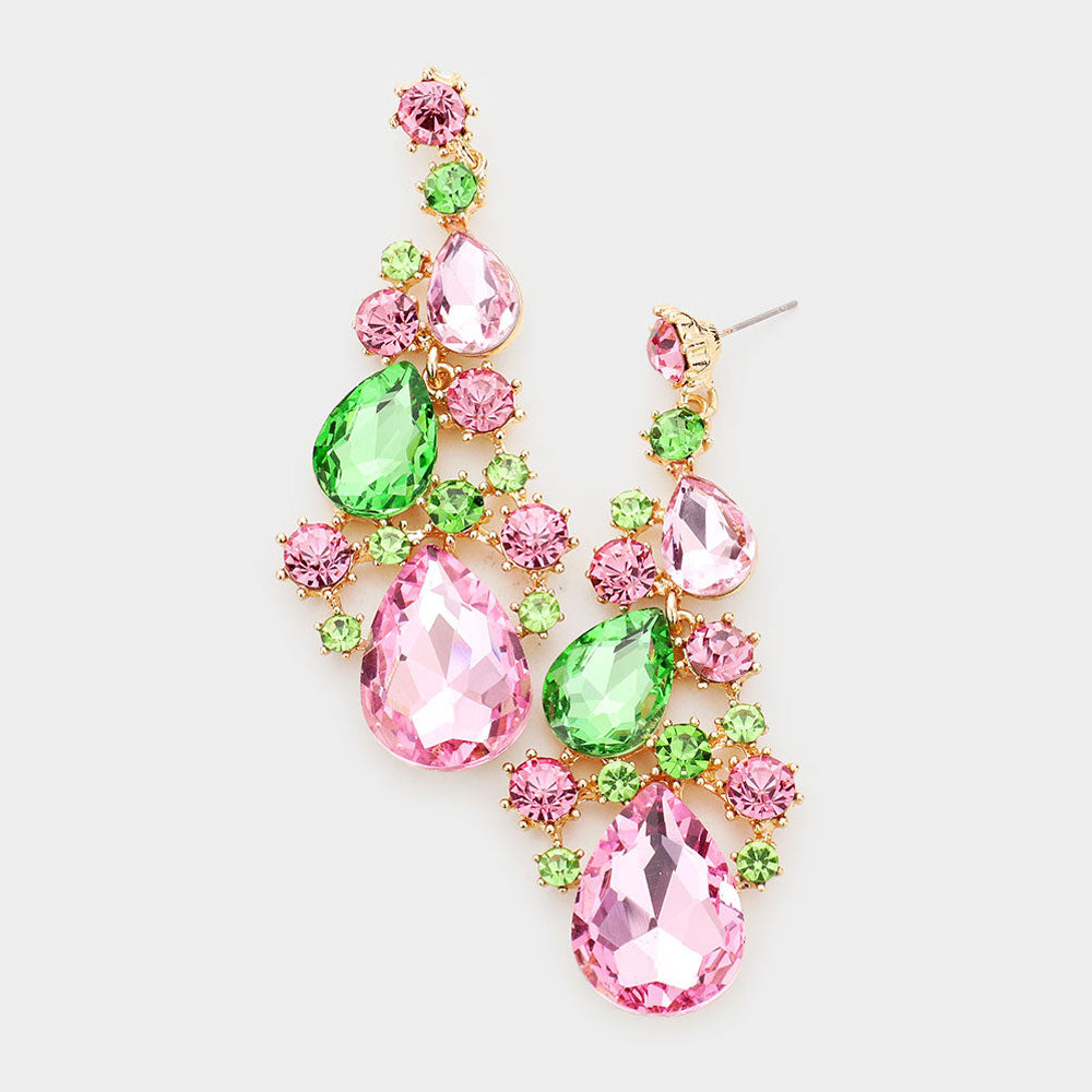 Multi-Color Crystal Pear Shaped Vine Pageant Earrings on Gold  | Prom Jewelry | 486086