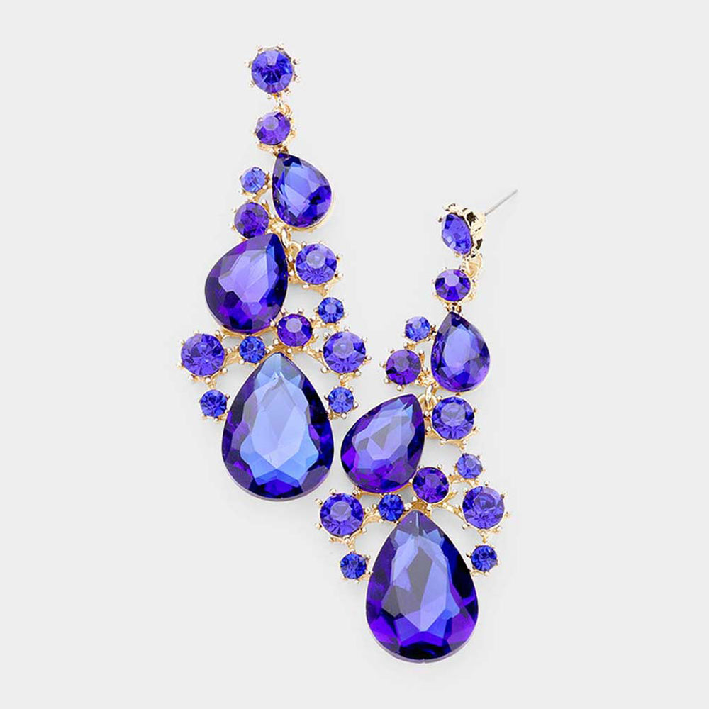 Sapphire Crystal Pear Shaped Vine Pageant Earrings on Gold | Prom Jewelry