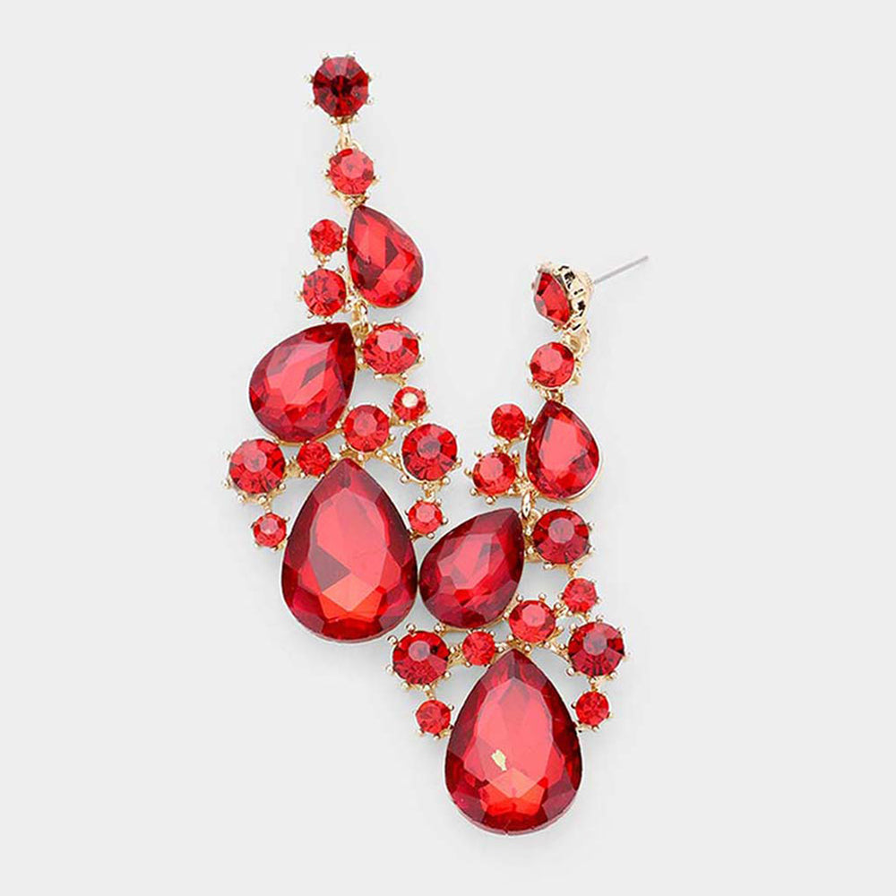 Dark Red Pear Shaped Vine Pageant Earrings on Gold | Prom Jewelry