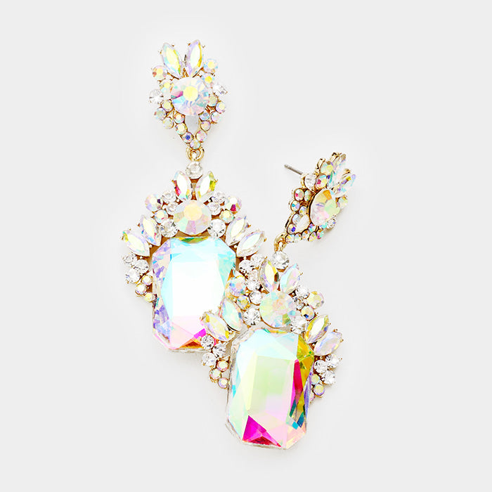 Emerald Cut AB Stone Dangle Earrings on Gold | Prom Earrings