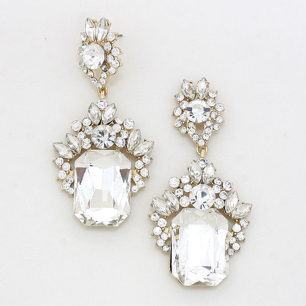 Emerald Cut Clear Stone Dangle Earrings on Gold | Prom Earrings