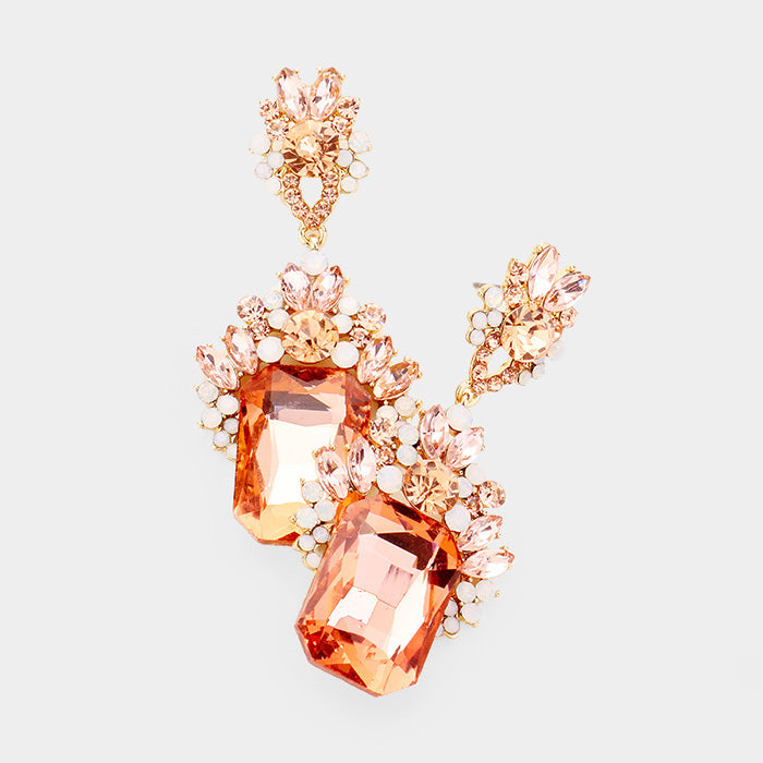 Emerald Cut Peach Stone Dangle Earrings  | Prom Earrings