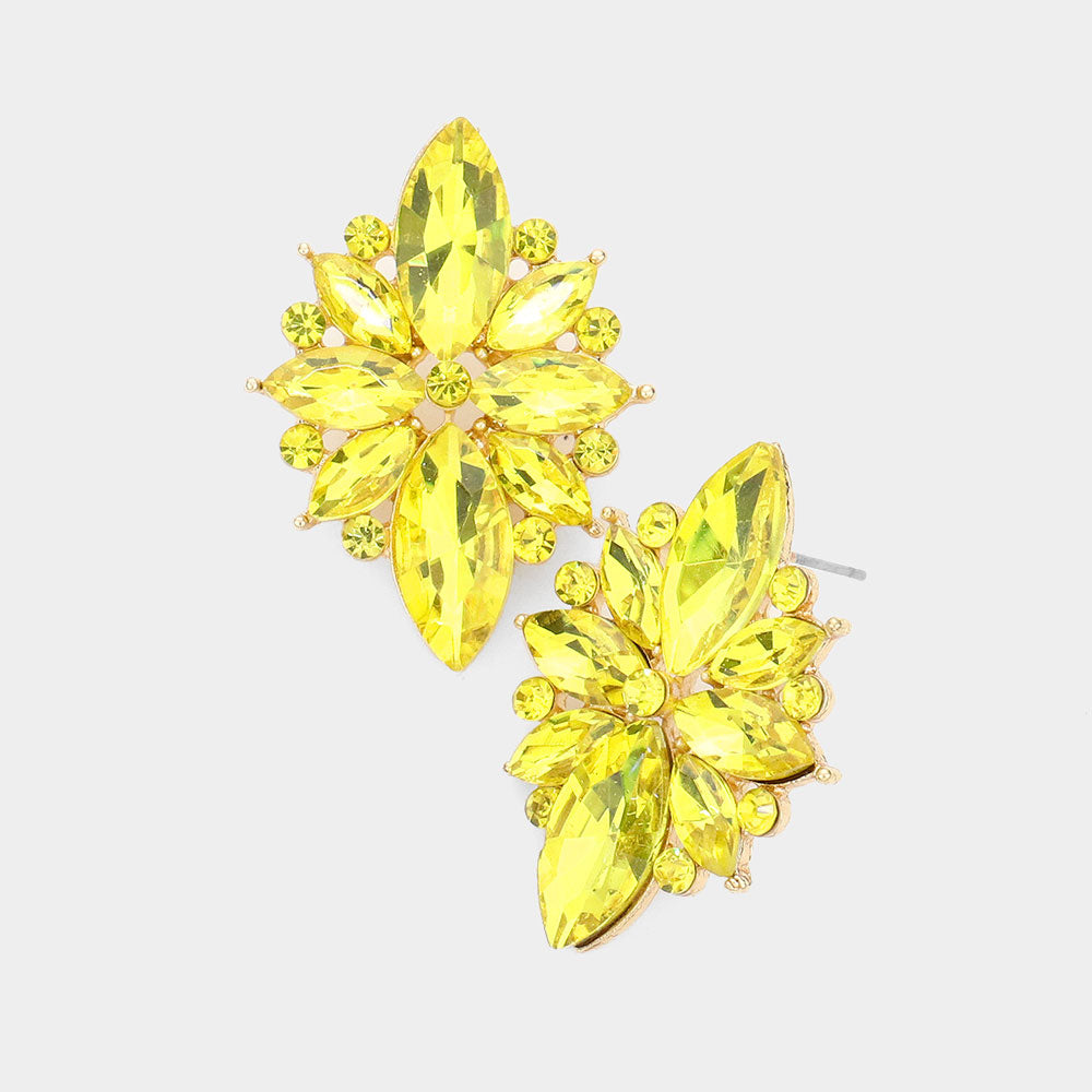 Yellow Marquise Round Stone Cluster Clip On Pageant Earrings | Clip on Prom Earrings