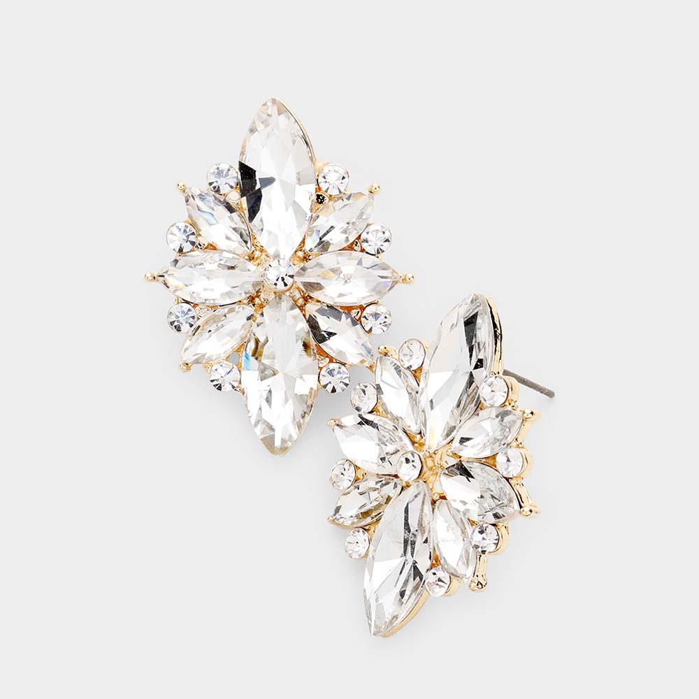 Clear Marquise Round Stone Cluster Pageant Earrings on Gold |  Prom Earrings