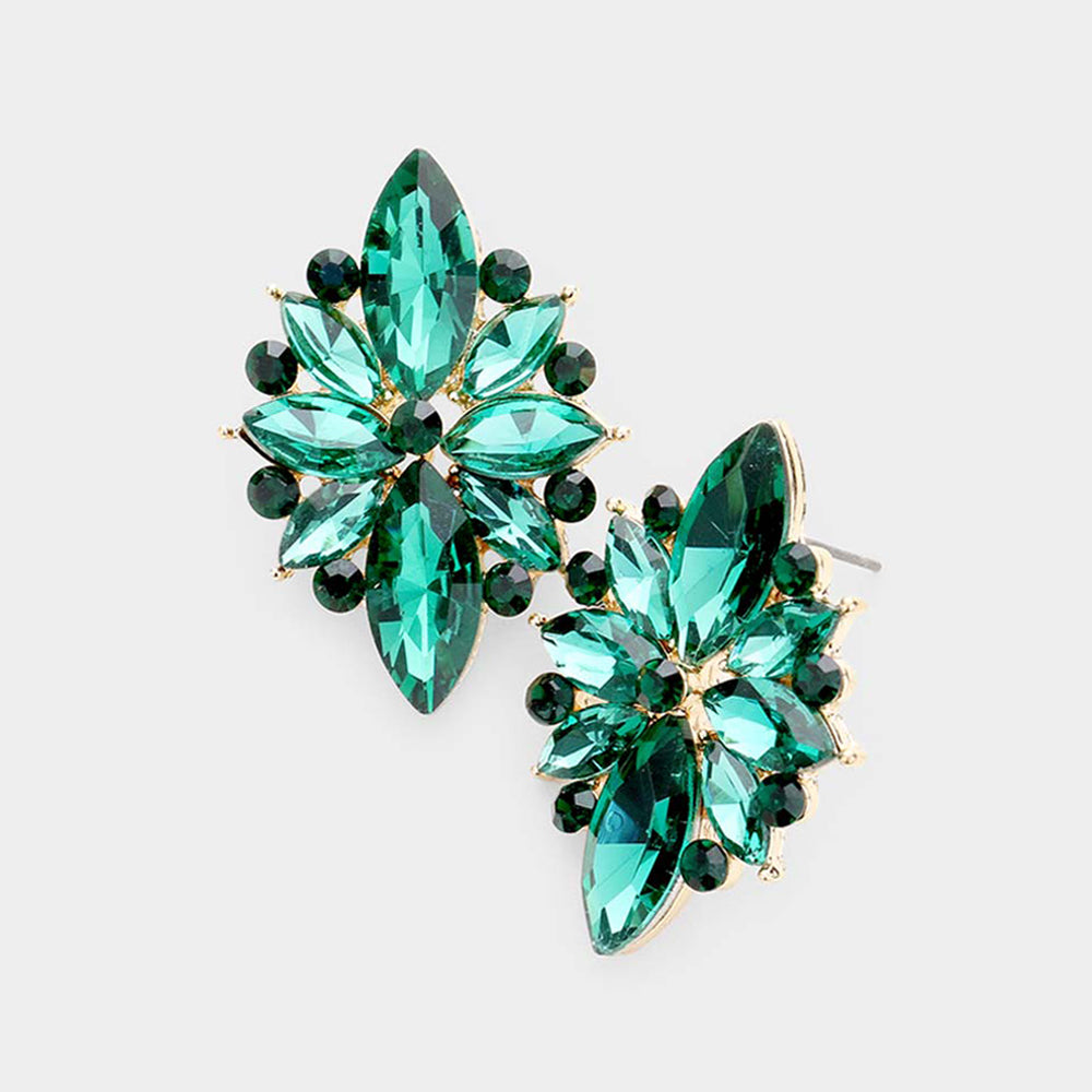 Emerald Marquise Round Stone Cluster Pageant Earrings  |  Prom Earrings