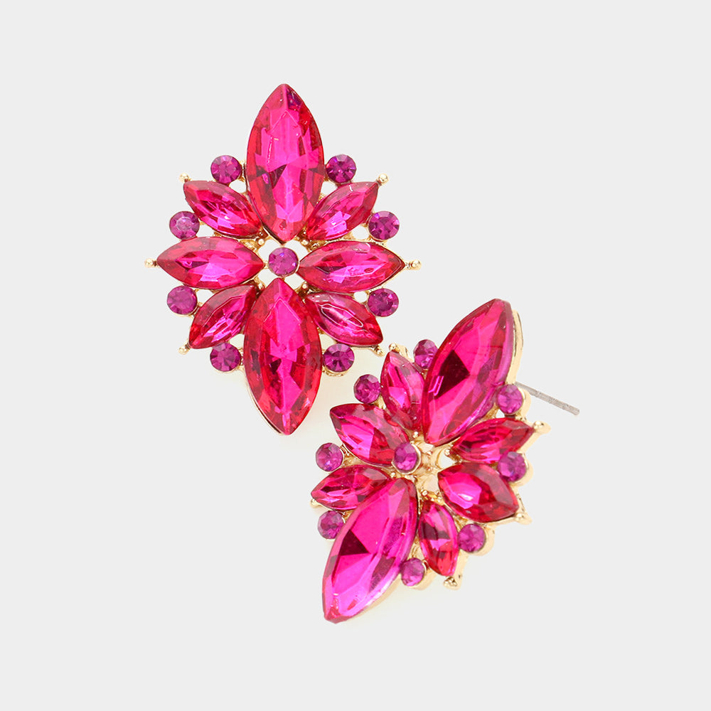 Fuchsia Marquise Round Stone Cluster Pageant Earrings | Prom Earrings