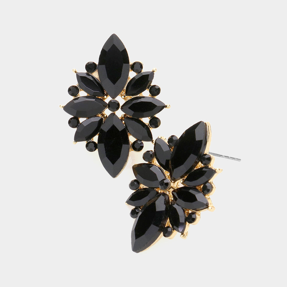 Jet Black Marquise Round Stone Cluster  Pageant Earrings | Prom Earrings