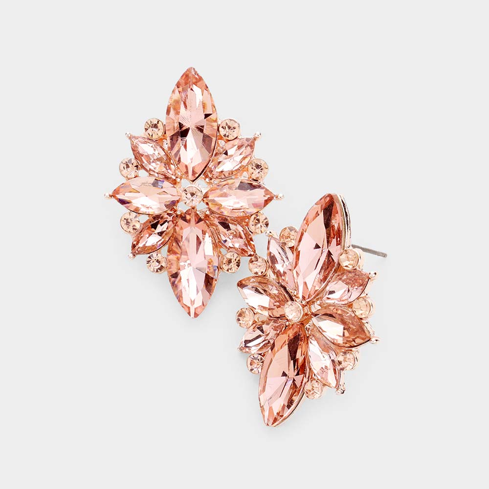 Peach Marquise Round Stone Cluster Pageant Earrings  |  Prom Earrings