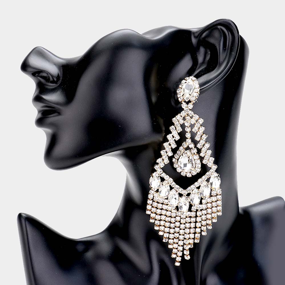 Lightweight Clear Crystal Chandelier Pageant Earrings on Gold | Prom Earrings