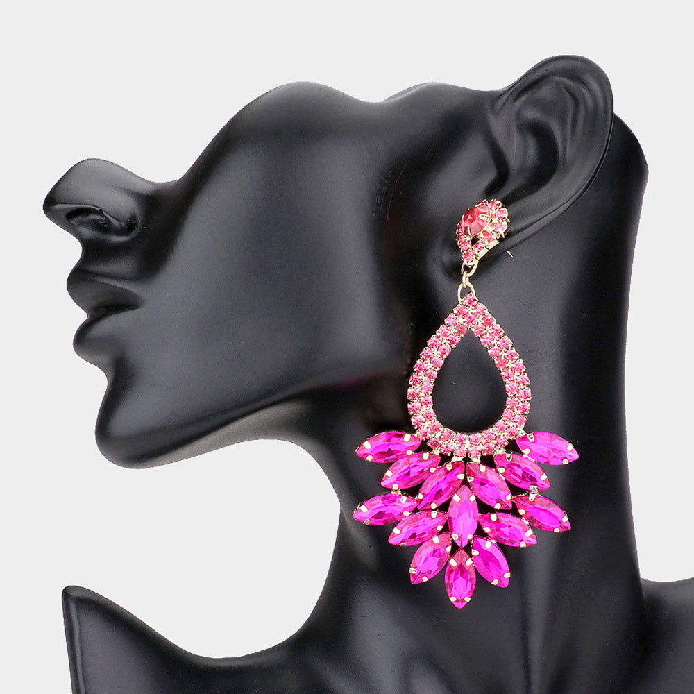 Elegant Marquise Fuchsia Crystal Cluster Chandelier Pageant Earrings / Prom Earrings